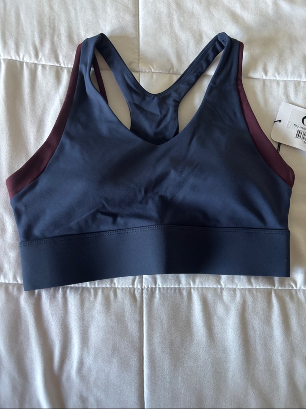Racerback Sports Bra in Navy with Burgundy Trim